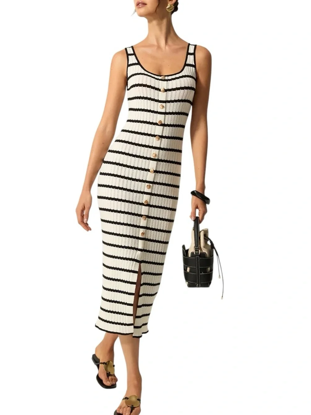 Commense Black Off White Striped Knit Midi Dress Small NWT Gold Button Front